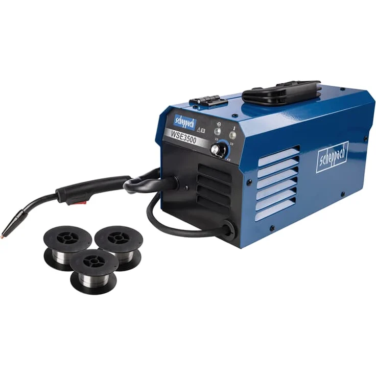 Scheppach Inverter Schweißgerät WSE3500 + Zubehör - 230V Fülldraht-Schweißer | 0,6 – 0,9mm | Inverter Technologie | Stromstärke einstellbar bis 90A | +2 m MIG-Schlauchpaket & 3 Spulen Schweißdraht – Bild 1