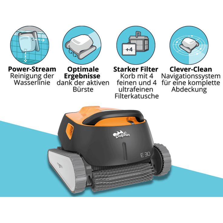 Maytronics Dolphin E30 Poolroboter, Boden, Wand, Wasserlinie, für Pools bis zu 12 m, aktive Bürste, 2 h Laufzeit, 18 m Kabellänge – Bild 4