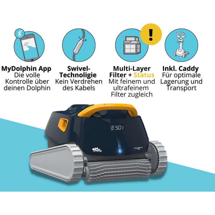 Maytronics Dolphin E50i Poolroboter, für Boden, Wand, Wasserlinie, für Pools bis zu 15 m, 18 m Kabellänge, 7,5 kg, Wochenzeitschaltuhr, schwarz – Bild 3