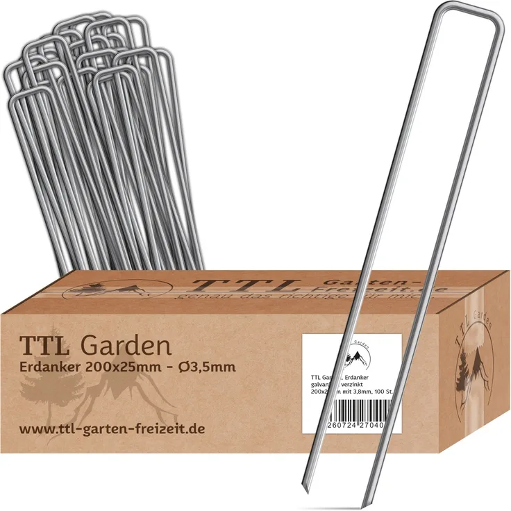 TTL Garden 100er Erdanker 200 x 25mm Durchmesser 3,8mm Anti-Rost Bodenanker für Gartenvlies, Camping, Vogelschutz