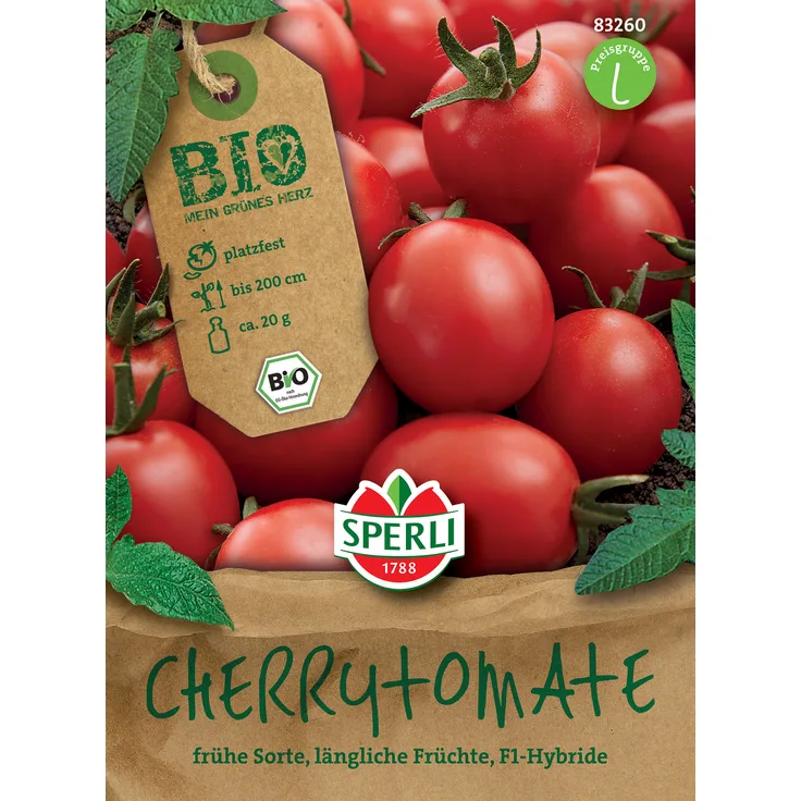 Sperli BIO Cherrytomate F1, frühe Sorte begeistert mit leuchtend roten länglichen und platzfesten Früchten, sehr ertragreich