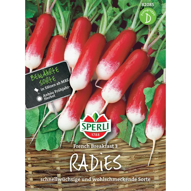 Sperli Radies French Breakfast 3, mildwürzige schnellwüchsige alte Sorte, Mittelfrüh bevorzugt für den Sommeranbau