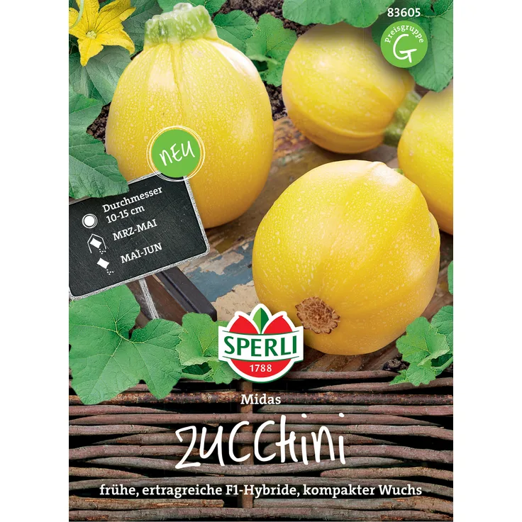 Sperli Zucchini Midas F1, frühe Sorte mit einem kompakten buschigen Wuchs, eignen sich optimal zum Füllen