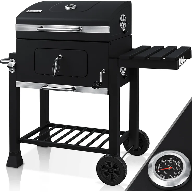 KESSER Grill Grillwagen XXL Holzkohlegrill mit Deckel, Rädern, Edelstahl-Griff, Grillrost und Thermometer Holzkohle kohlegrill Wagen groß Kohle BBQ Barbeque Camping, Terrasse, Garten Schwarz – Bild 1