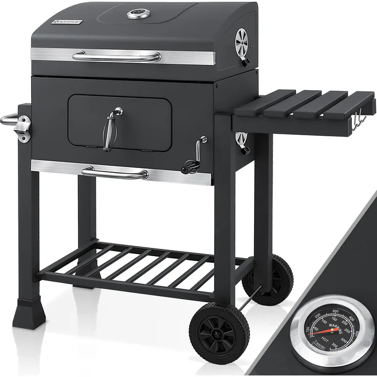 KESSER Grill Grillwagen XXL Holzkohlegrill mit Deckel, Rädern, Edelstahl-Griff, Grillrost und Thermometer Holzkohle kohlegrill Wagen groß Kohle BBQ Barbeque Camping, Terrasse, Garten Grau