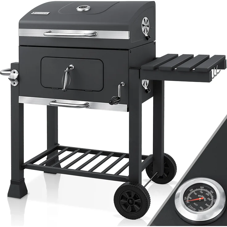 KESSER Grill Grillwagen XXL Holzkohlegrill mit Deckel, Rädern, Edelstahl-Griff, Grillrost und Thermometer Holzkohle kohlegrill Wagen groß Kohle BBQ Barbeque Camping, Terrasse, Garten Grau – Bild 1