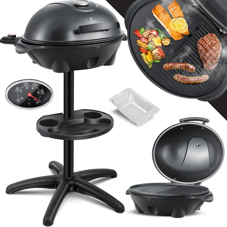 KESSER elektrischer Elektrogrill 2in1 Tischgrill - Standgrill mit Deckel Standfuß max. 2400 Watt Thermometer Antihaftbeschichtung XXL Grillplatte integrierte Ablagefläche Elektro-Säulengrill Schwarz