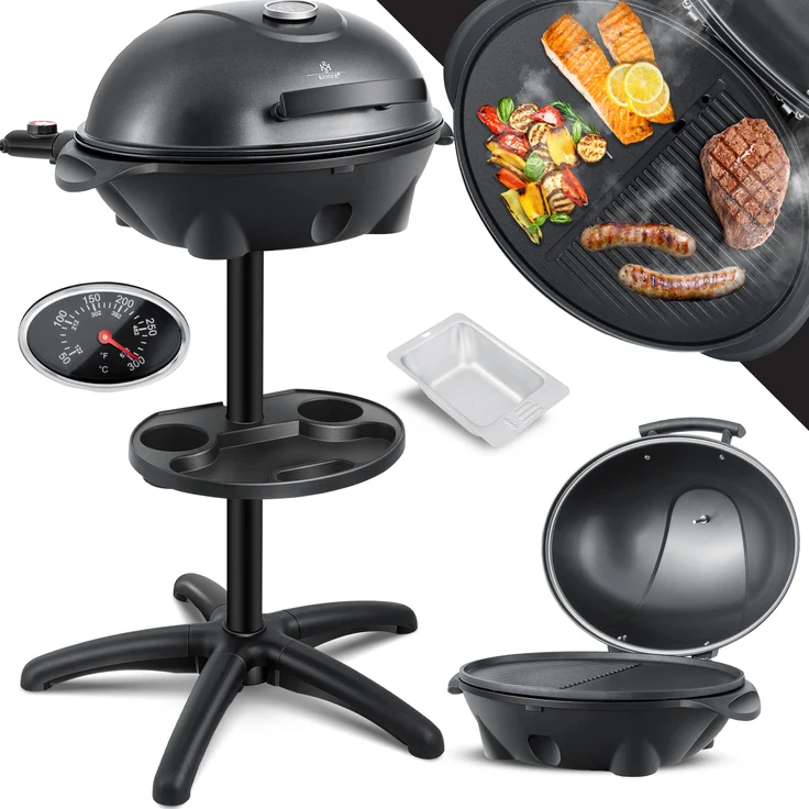 KESSER elektrischer Elektrogrill 2in1 Tischgrill - Standgrill mit Deckel Standfuß max. 2400 Watt Thermometer Antihaftbeschichtung XXL Grillplatte integrierte Ablagefläche Elektro-Säulengrill Schwarz – Bild 1