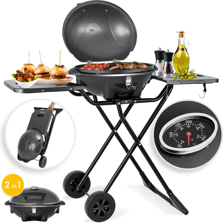 KESSER elektrischer Elektrogrill 2in1 Tischgrill - Standgrill mit Deckel und Standfuß max. 2400 Watt Faltbar Thermometer Antihaftbeschichtung Grillplatte Abstelltische 2 Räder Schwarz Schwarz – Bild 2