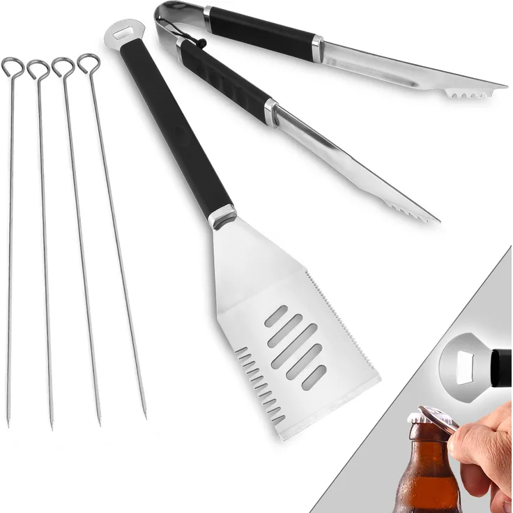 Grillzubehör Grillbesteck 6tlg. BBQ Zange Wender 4 Spieße Grillset
