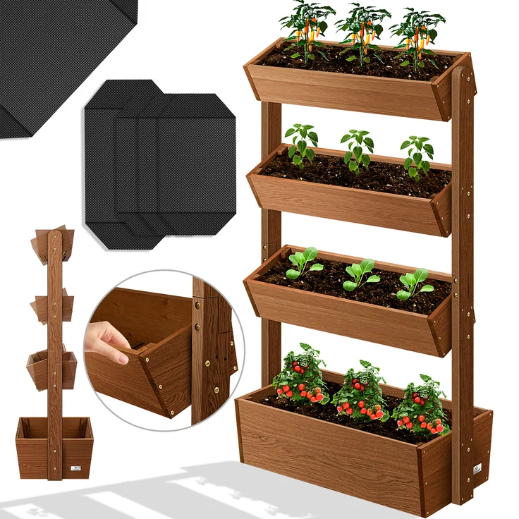 KESSER Hochbeet mit Etagen Premium Blumenkasten Blumentreppe Pflanztreppe - Gemüsebeet Kräuterbeet Pflanzkübel Frühbeet Blumenbeet Pflanzkasten inkl. Gartenvlies- Beet für Terrasse Balkon & Garten Braun, 4 Etagen – Bild 1