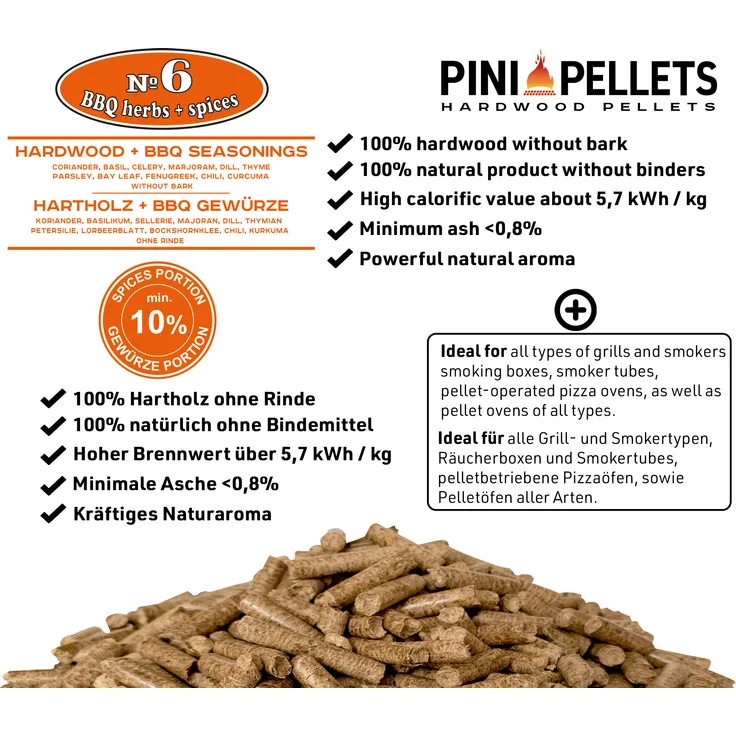 6 Hartholz Pellets mit Gewürzen BBQ Gewürze 10 Kg zum Grillen Räuchern Smoken