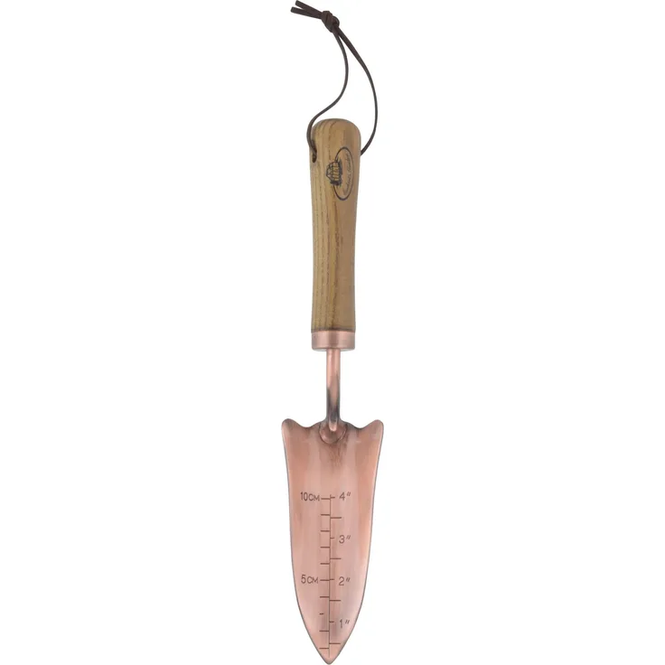 Esschert Design Verkupferte Umpflanz-Blumenkelle, 6,2 x 4,2 x 33 cm, mit Skala, mit Holzgriff und Hängeöse