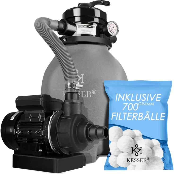 KESSER Sandfilter Sandfilteranlage + 700g Filterbälle ersetzen 25kg Filtersand- Poolfilter 10 m³-h Filteranlage Filterkessel für Pool Schwimmbecken 4-Wege Ventil , einfache Steuerung Grau – Bild 1