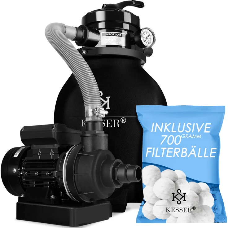 KESSER Sandfilter Sandfilteranlage + 700g Filterbälle ersetzen 25kg Filtersand- Poolfilter 10 m³-h Filteranlage Filterkessel für Pool Schwimmbecken 4-Wege Ventil , einfache Steuerung Schwarz – Bild 1