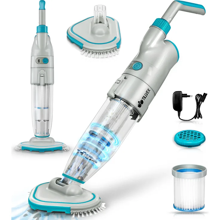 tillvex Poolsauger mit Akku - bis zu 25 m³ Pool Bodensauger elektrisch Poolreiniger mit Filter & 2-Geschwindigkeits-System Handsauger Reinigungsset kabellos
