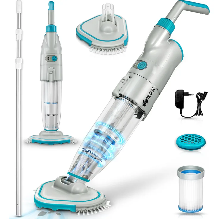 tillvex Poolsauger mit Akku und 3,6 m Teleskopstange - bis zu 15 m³ Pool Bodensauger elektrisch Poolreiniger mit Filter & 2-Geschwindigkeits-System Handsauger Reinigungsset kabellos