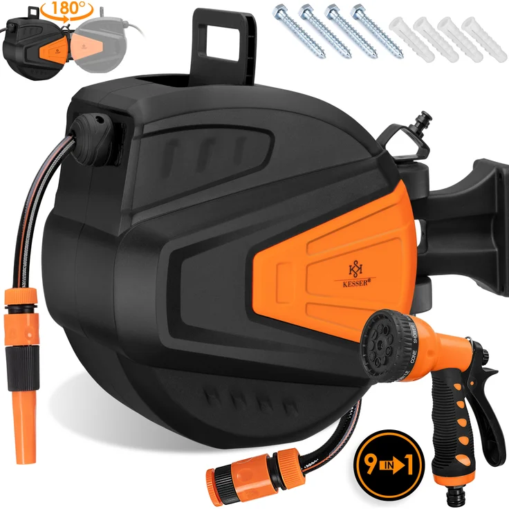 KESSER Schlauchtrommel Schlauchaufroller Wasser Multi-Handbrause 180° Schwenkbar Aufwickelstopper Wandhalterung Wand-Schlauchbox Wasserschlauchtrommel Gartenschlauch 20 Meter, Orange: Tests, Infos & Preisvergleich