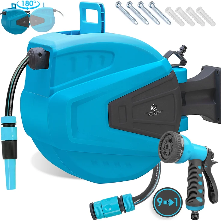 KESSER Schlauchtrommel Schlauchaufroller Wasser Multi-Handbrause 180° Schwenkbar Aufwickelstopper Wandhalterung Wand-Schlauchbox Wasserschlauchtrommel Gartenschlauch Blau, 30 Meter – Bild 1