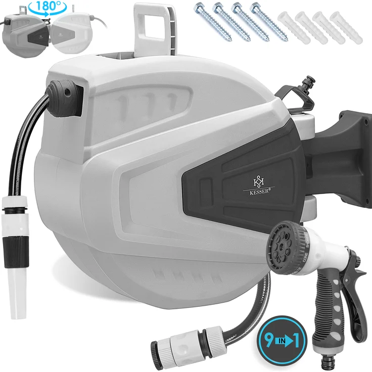 KESSER Schlauchtrommel Schlauchaufroller Wasser Multi-Handbrause 180° Schwenkbar Aufwickelstopper Wandhalterung Wand-Schlauchbox Wasserschlauchtrommel Gartenschlauch Grau, 15 Meter – Bild 1