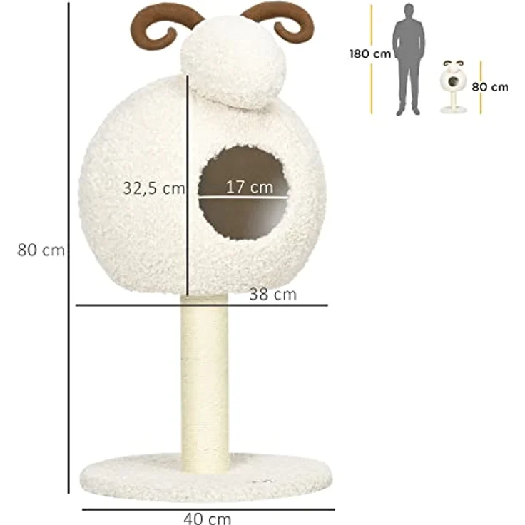 PawHut Kratzbaum, 80 cm, Katzenbaum mit Katzenhöhle, Katzenkratzbaum im Ziegen-Design, Kletterbaum mit Sisalsäule und Plüschrahmen, Katzenmöbel, Cremeweiß – Bild 3
