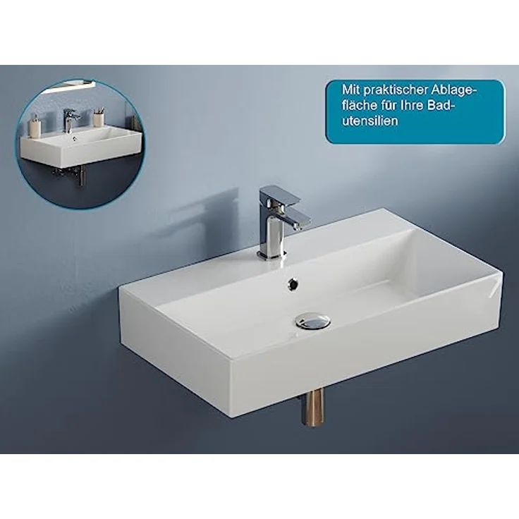 Aqua Bagno | Eckiges Design Waschbecken, hochwertige weiße Keramik, genormte Anschlüsse, Badezimmer | 700 mm x 420 mm – Bild 4