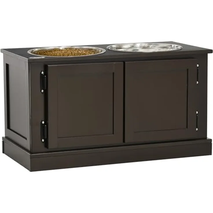 PawHut Hundenäpfe, Erhöhte Futterstation mit 2 Edelstahlschüsseln, Wassernapf mit 29,5L Stauraum, Hundenapfständer für Große Hunde, Kaffee