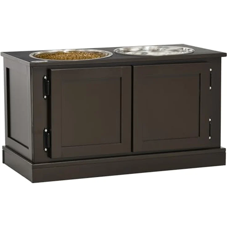 PawHut Hundenäpfe, Erhöhte Futterstation mit 2 Edelstahlschüsseln, Wassernapf mit 29,5L Stauraum, Hundenapfständer für Große Hunde, Kaffee – Bild 1