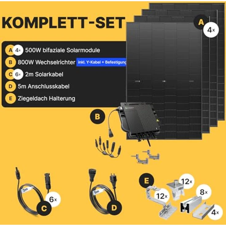 Solakon Balkonkraftwerk 2000W, Photovoltaikanlage mit Ziegeldach Halterung, 800W Bifazialmodule, Steckerfertig Komplettset, Kabellänge 5m – Bild 4