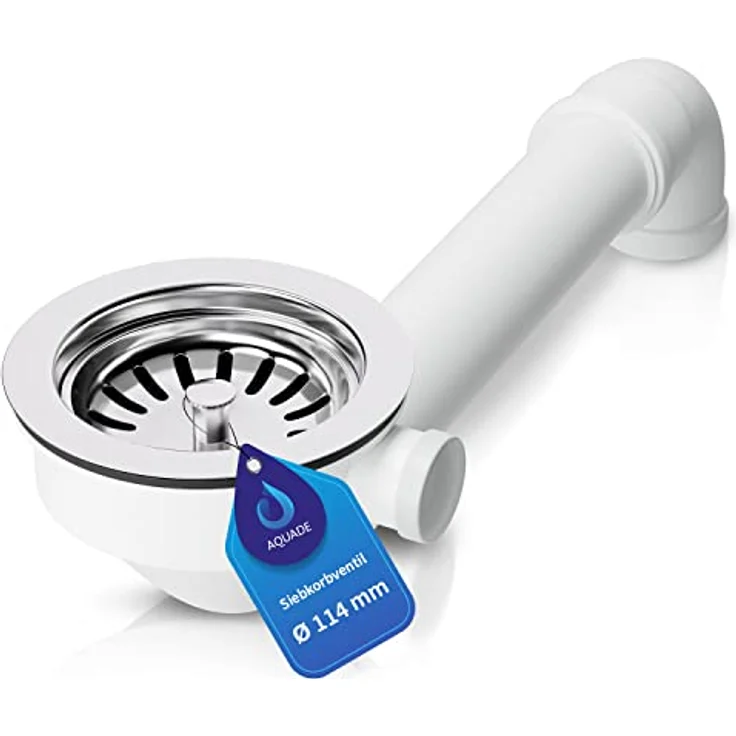 AquaDE Siebkorbventil AQUADE Ø 114 mm mit Raumschaffer 1 Zoll Anschluss für Überlauf, Edelstahl & weißer Kunststoff – Bild 2