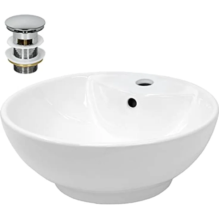 ecd germany Waschbecken Rundform 455x455x185 mm, weiß, aus Keramik - inkl. Ablaufgarnitur mit Überlauf – Bild 2