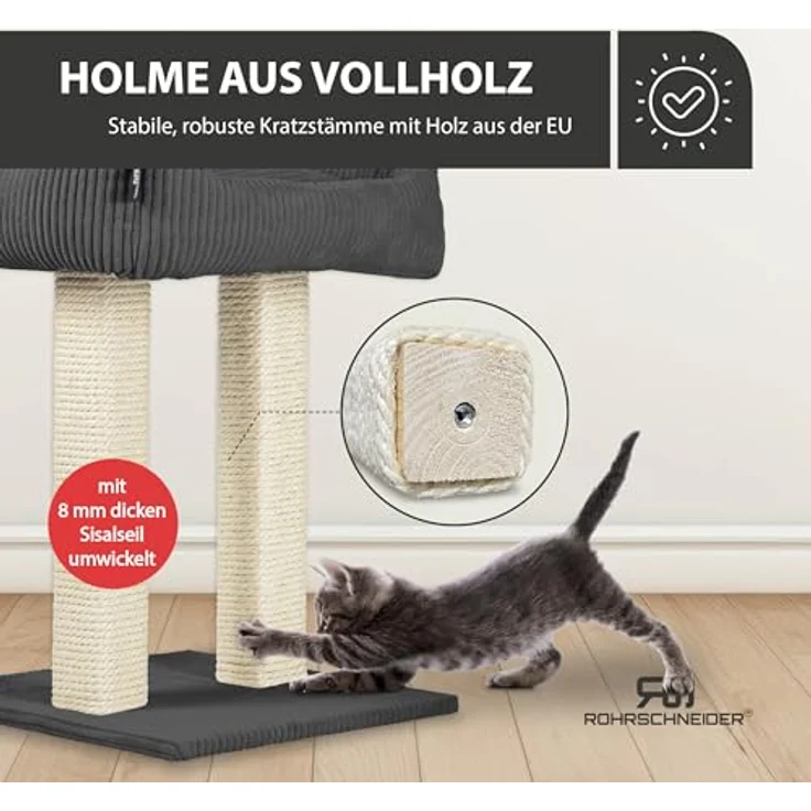 Rohrschneider Kratzbaum Katzenbaum Wolly 2 breite Kratzstämme mit Katzenbett Cordstoff, Made in Germany, versch. Farben – Bild 7