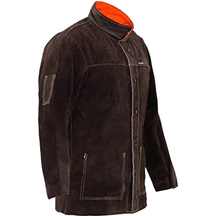Stamos Welding Schweißerjacke Arbeitsjacke Schweißerschutzjacke SWJ01XL (Größe XL, Rinderleder, flammfest, hitzebeständig, stromschlagisolierte Druckknöpfe) Dunkles Khaki