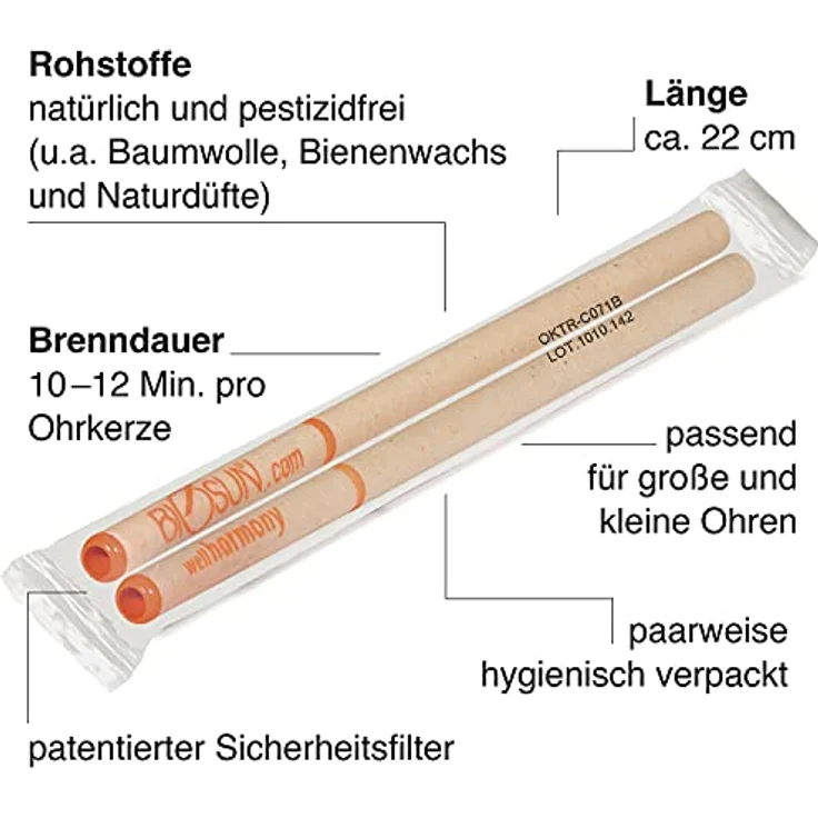 10 Stück (5 Paar) BIOSUN wellharmony Ohrkerzen / Ohrenkerzen Mit Sicherheits-Filter. Sinnlicher Duft Von Orange, Grapefruit Und Tangerine – Bild 3