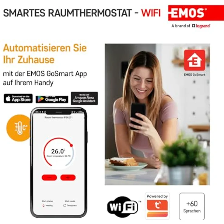 EMOS GoSmart P56201, Smart Home Raumthermostat mit App, WiFi, energiesparend, Tuya, Google Assistant und Alexa kompatibel, weiß – Bild 4