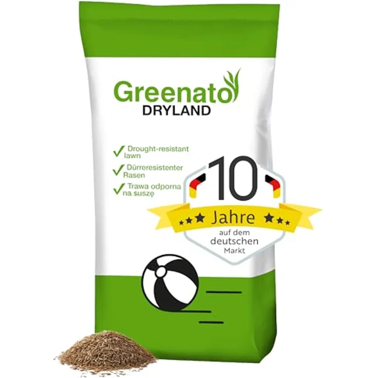 Greenato Dryland Trockenrasen 10kg, trockenresistenter Rasensamen, schnellkeimend für Frühjahr und Herbst, ideal für 400 m² – Bild 1