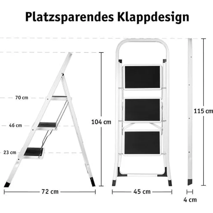 LEFELD 3-Stufige klappbare Trittleiter, belastbar bis 150 kg, Anti-Rutsch, platzsparend faltbar, 300 x 200 mm, 613309 – Bild 3