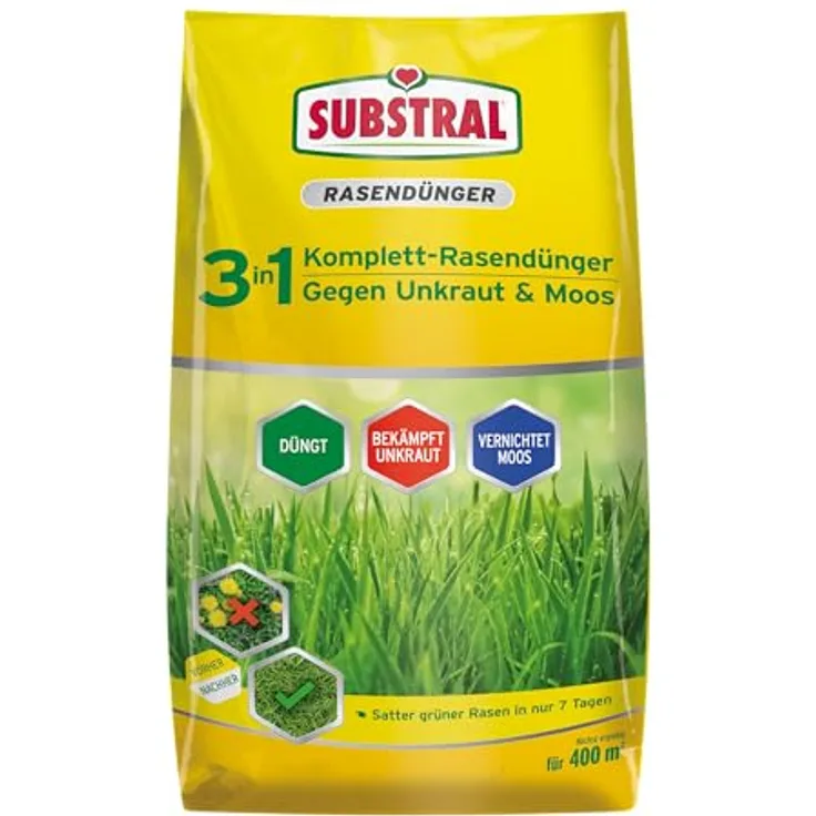 Substral 3in1 Komplettrasendünger, 14 kg für 400m² Rasenfläche, mit Unkraut- und Moosvernichter, spezielle Nährstoffformel für optimale Rasenpflege