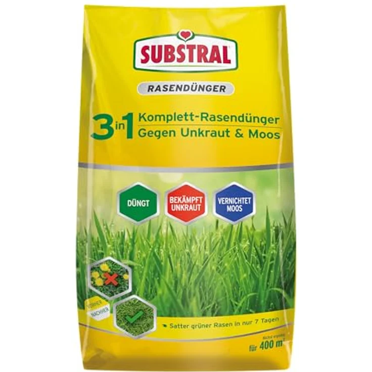 Substral 3in1 Komplettrasendünger, 14 kg für 400m² Rasenfläche, mit Unkraut- und Moosvernichter, spezielle Nährstoffformel für optimale Rasenpflege – Bild 1