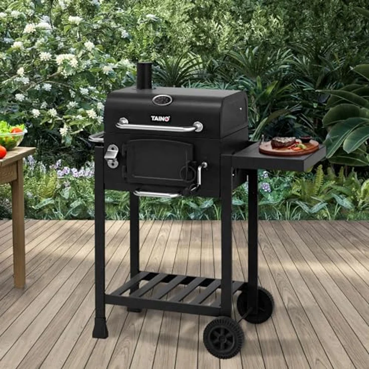 TAINO Holzkohlegrill HERO, Kohlerost höhenverstellbar, kleiner Smoker, Seitentisch klappbar, Schwarz – Bild 2
