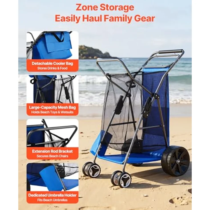 VEVOR Strandwagen Trolley mit Vollgummirädern (10 Zoll), faltbar, Isoliertasche & Schirmhalter, 75 kg belastbar für bis zu 4 Strandstühle - ideal für Camping & Angeln – Bild 5