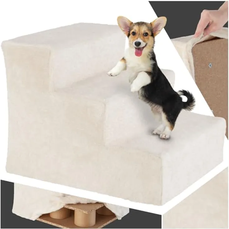 tectake® Hundetreppe oder Katzentreppe, Haustiertreppe, Einstiegshilfe mit waschbarem Bezug, extra Flache Treppenstufen, Tiertreppe für Sofa, Bett oder Auto (Sand)