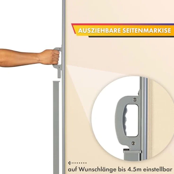Floordirekt Seitenmarkise 140x300cm Beige - ausziehbarer Sicht- & Sonnenschutz aus Aluminium, UV-Schutz UPF50+, Polyester 280 g/m², mit Bodenhalterung – Bild 3