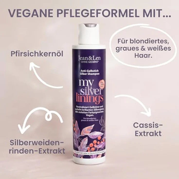 Jean & Len Silbershampoo Silberweide & Cassis, vegane Pflegeformel für graues, blondes, blondiertes & weißes Haar, mit violetten Pigmenten und Anti-Gelbstich-Effekt, 300 ml – Bild 2
