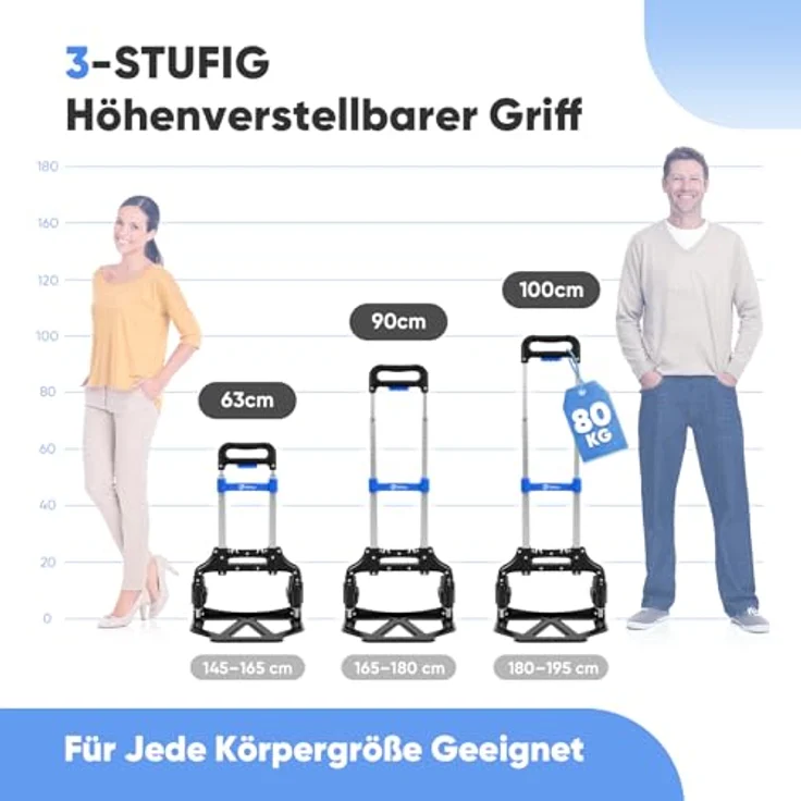 Sekey Sackkarre Alu Transportkarre klappbar, bis 80 kg Tragfähigkeit, 3-stufig höhenverstellbar, ideal für Umzüge und Einkäufe, schwarz/blau – Bild 4