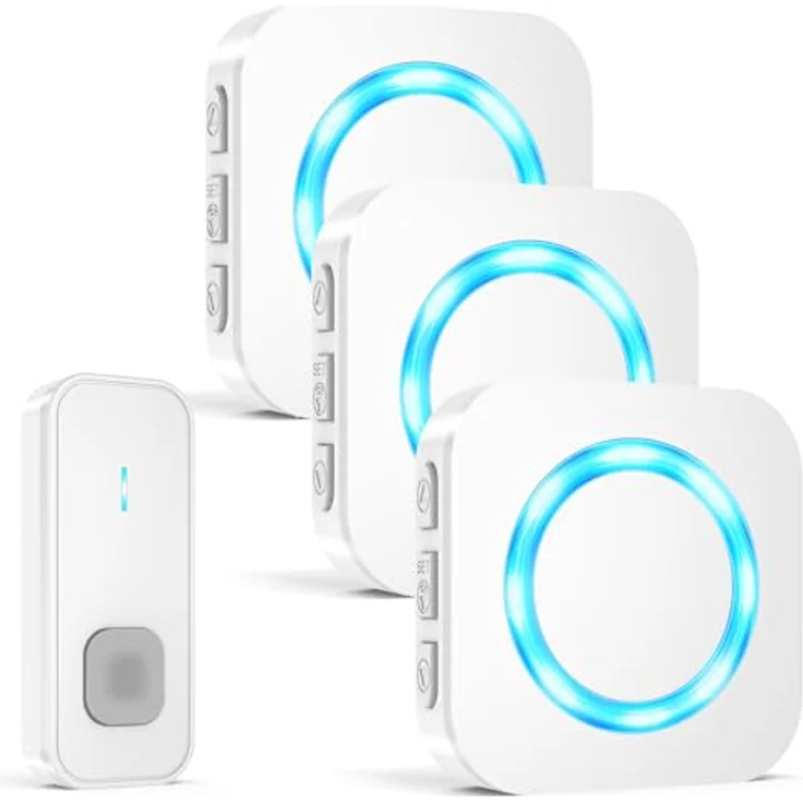 AIMAX Funkklingel Set, 1 Sender und 3 Empfänger, 400m Reichweite, IP55 wasserdicht, 55 Klingeltöne, 5 Lautstärkestufen, LED-Blitz, kabellose Installation – Bild 1