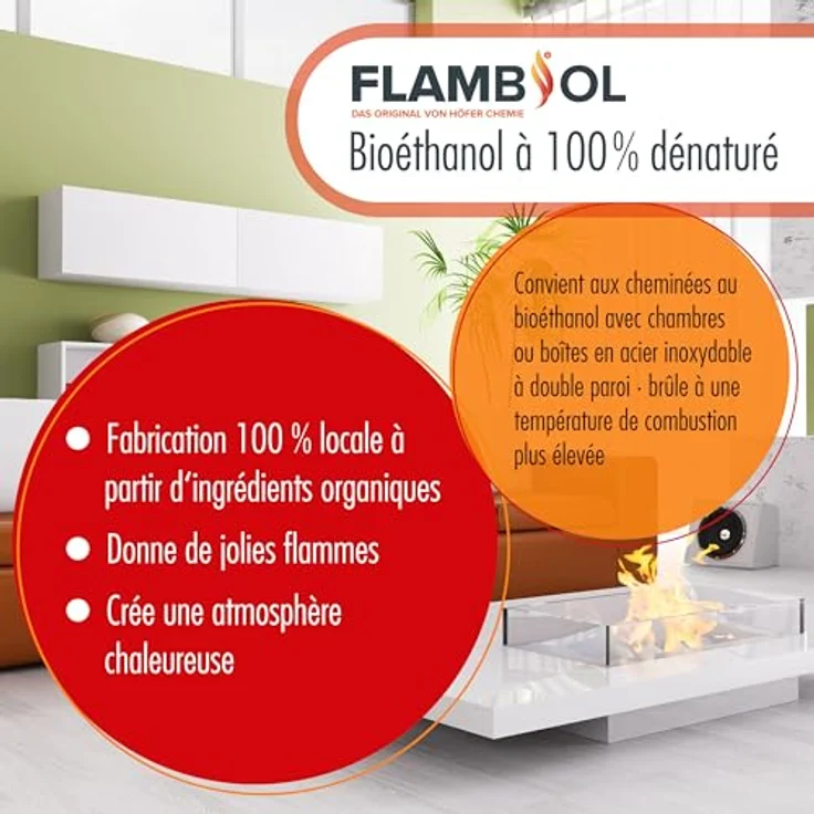 Höfer Chemie 2x 20 L FLAMBIOL® Bioethanol 100% Hochrein, rückstandsfreie und geruchsfreie Verbrennung, bläuliche Flamme – Bild 2