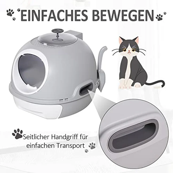 PawHut Katzentoilette mit Dachfenster, Katzenklo mit Bodenschale, mit Schaufel, Tragbar, PP ABS, Grau, 47 x 55 x 44 cm – Bild 5
