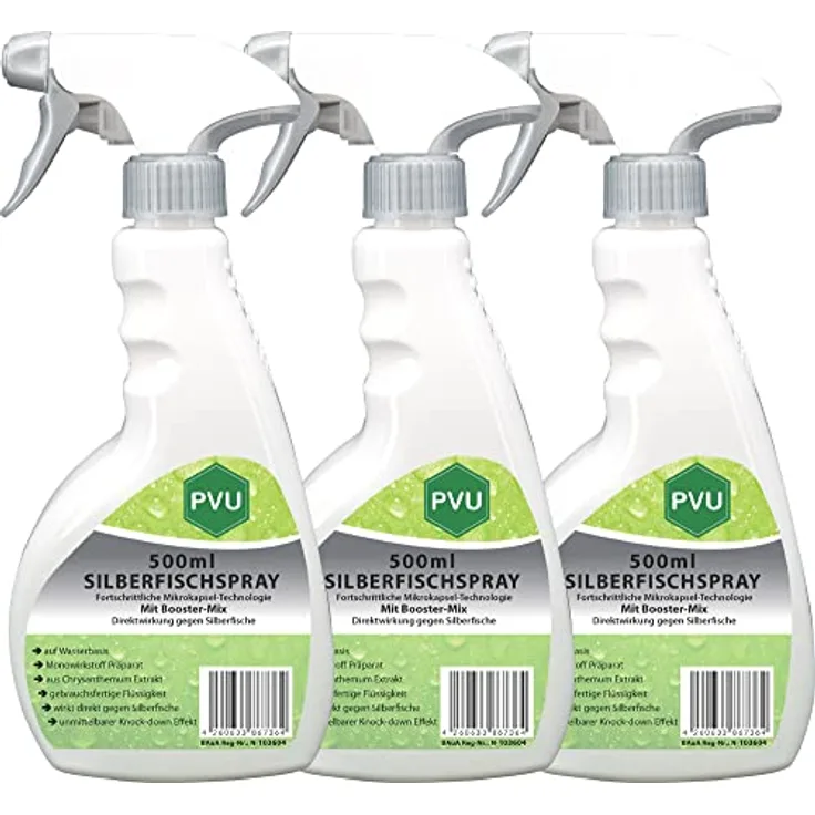 PVU Silberfisch Spray 3x500ml | mit Langzeitwirkung Innen & Außen gegen Silberfische aus reinem Chrysanthemum Extrakt