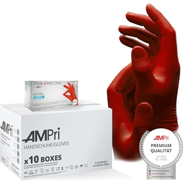 AMPRI Nitrilhandschuhe Hot Chili, Einmalhandschuhe in rot, Größe L, puderfrei, 10 Boxen à 100 Stück, reißfest und hautfreundlich, universal einsetzbar – Bild 1